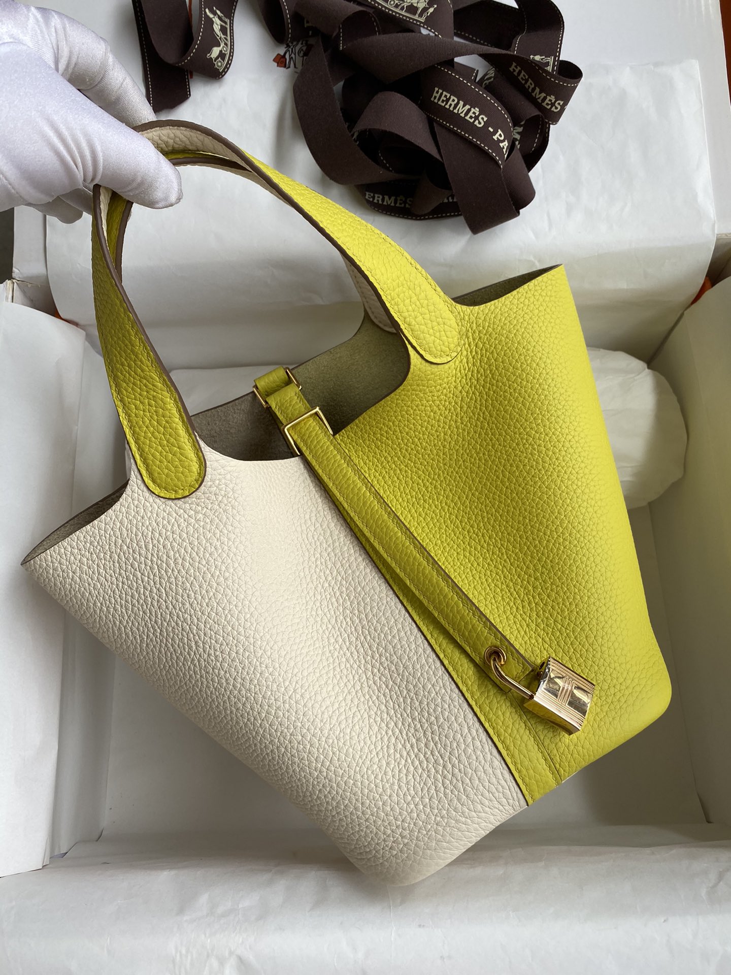 Hermes Picotin Lock 18 Bag In Yellow/White Clemence Leather